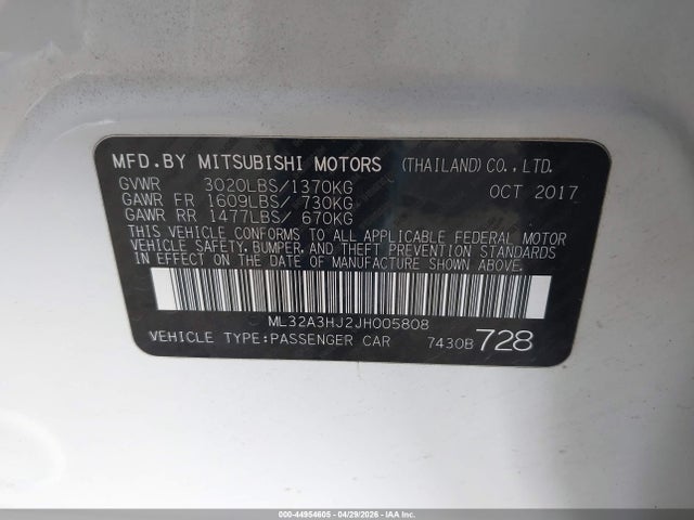 44954605 :رقم المزاد ، ML32A3HJ2JH005808 vin ، 2018 Mitsubishi Mirage Es مزاد بيع