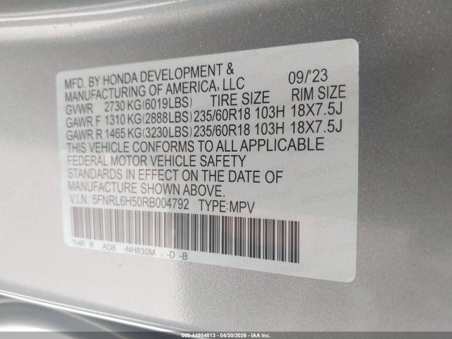 Aukcja sprzedaży 2024 Honda Odyssey Ex, vin: 5FNRL6H50RB004792, numer aukcji: 44954613