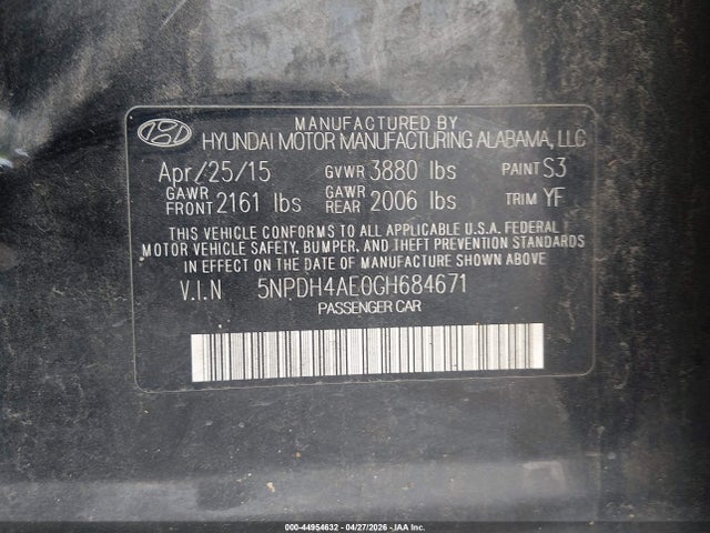 44954632 :رقم المزاد ، 5NPDH4AE0GH684671 vin ، 2016 Hyundai Elantra Se مزاد بيع