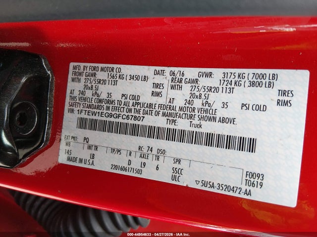 Ford F-150 Lariat 2016 1FTEW1EG9GFC67807 Image 9