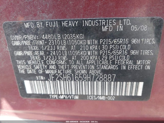 Aukcja sprzedaży 2009 Subaru Forester 2.5x, vin: JF2SH61659H728887, numer aukcji: 44954636
