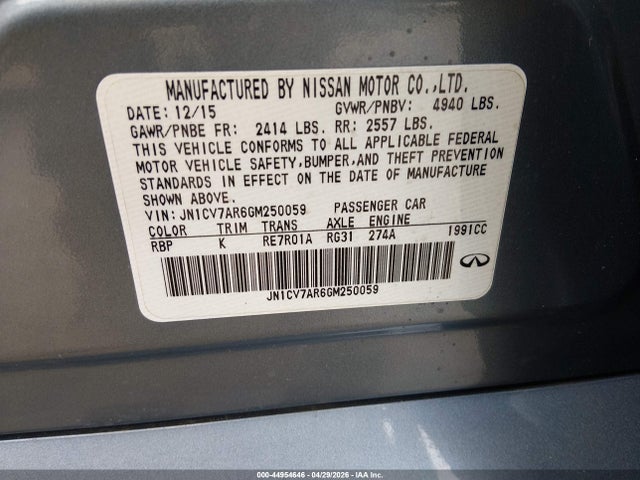 Aukcja sprzedaży 2016 Infiniti Q50 2.0t Base/2.0t Premium, vin: JN1CV7AR6GM250059, numer aukcji: 44954646