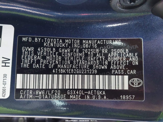 2016 Toyota Avalon Xle Premium მანქანა იყიდება აუქციონზე, vin: 4T1BK1EB2GU231239, აუქციონის ნომერი: 44954651