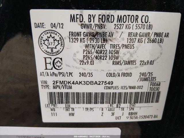 Aukcja sprzedaży 2013 Ford Edge Sport, vin: 2FMDK4AK3DBA27549, numer aukcji: 44954652