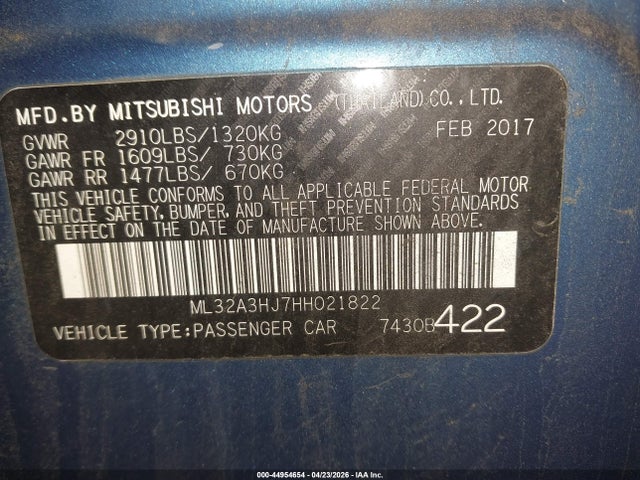 Aukcja sprzedaży 2017 Mitsubishi Mirage Es, vin: ML32A3HJ7HH021822, numer aukcji: 44954654
