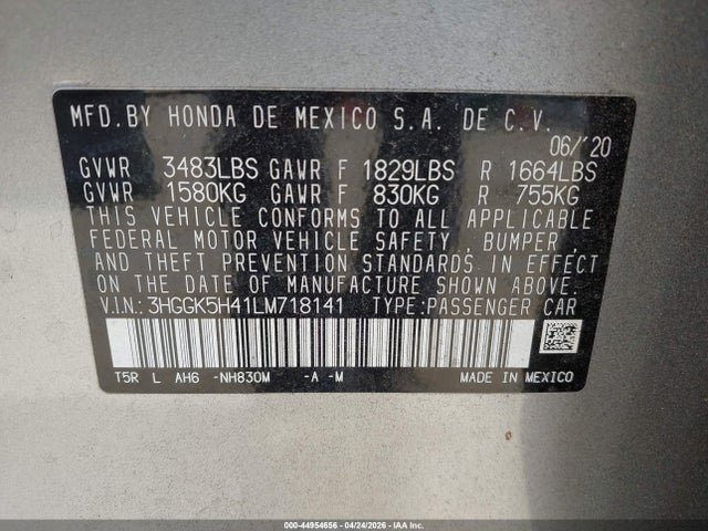 Aukcja sprzedaży 2020 Honda Fit Lx, vin: 3HGGK5H41LM718141, numer aukcji: 44954656