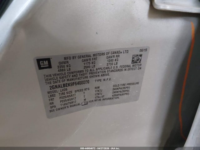 Chevrolet EQUINOX 1LT 2015 2GNALBEK9F6408800 Image 9