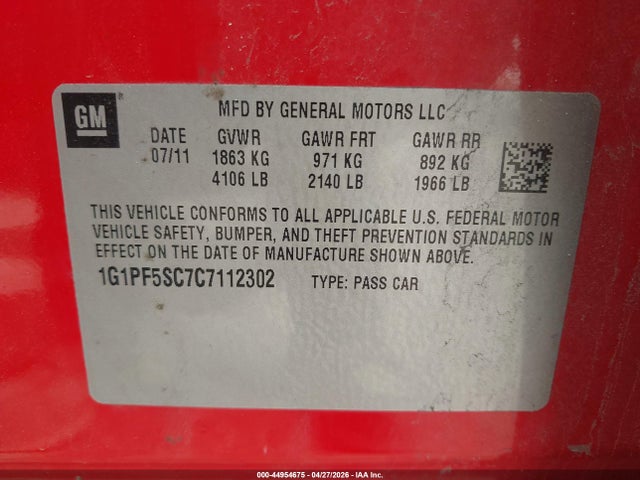 44954675 :رقم المزاد ، 1G1PF5SC7C7112302 vin ، 2012 Chevrolet Cruze 1lt مزاد بيع