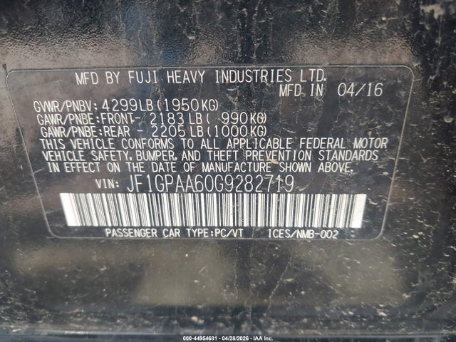 2016 Subaru Impreza 2.0i მანქანა იყიდება აუქციონზე, vin: JF1GPAA60G9282719, აუქციონის ნომერი: 44954681