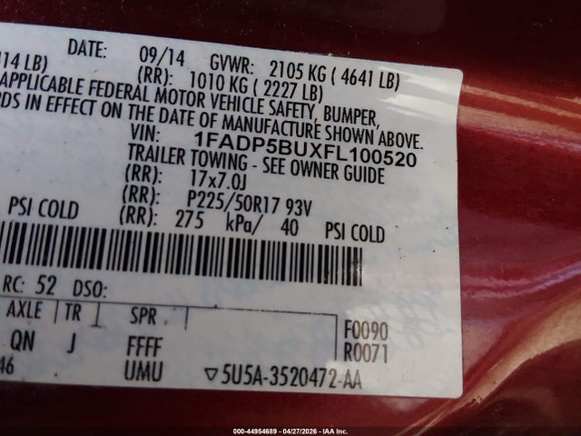 44954689 :رقم المزاد ، 1FADP5BUXFL100520 vin ، 2015 Ford C-max Hybrid Sel مزاد بيع