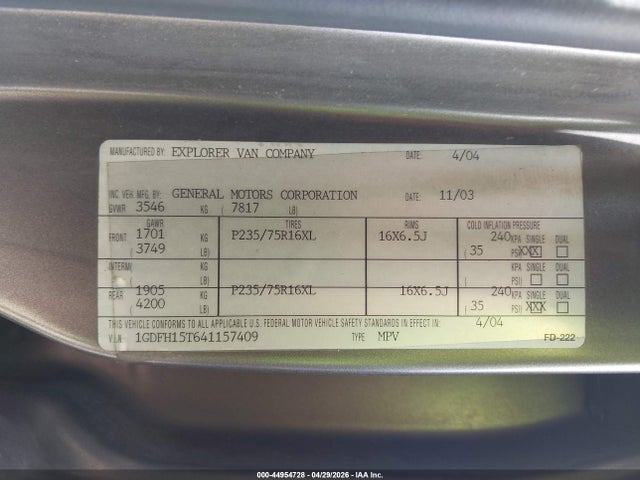 Продажа на аукционе авто 2004 Gmc Savana Upfitter, vin: 1GDFH15T641157409, номер лота: 44954728