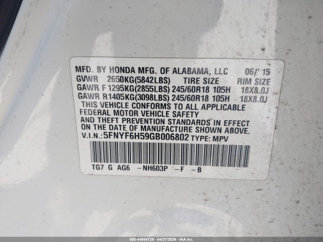 Honda Pilot Ex-l 2016 5FNYF6H59GB006802 Image 9