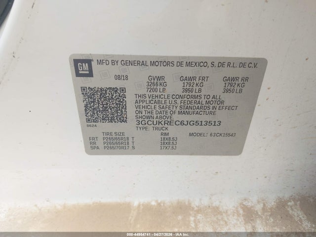 Продажа на аукционе авто 2018 Chevrolet Silverado 1500 1lt, vin: 3GCUKREC6JG513513, номер лота: 44954741
