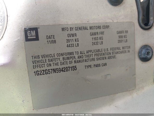 Aukcja sprzedaży 2009 Pontiac G6, vin: 1G2ZG57N594207155, numer aukcji: 44954749