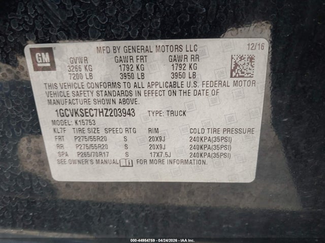 Aukcja sprzedaży 2017 Chevrolet Silverado 1500 1lz, vin: 1GCVKSEC7HZ203943, numer aukcji: 44954759
