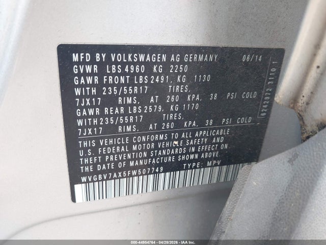 2015 Volkswagen Tiguan Se მანქანა იყიდება აუქციონზე, vin: WVGBV7AX5FW507749, აუქციონის ნომერი: 44954764