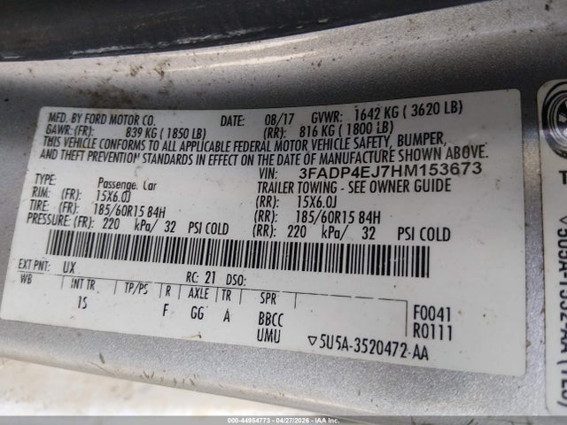 2017 Ford Fiesta Se მანქანა იყიდება აუქციონზე, vin: 3FADP4EJ7HM153673, აუქციონის ნომერი: 44954773