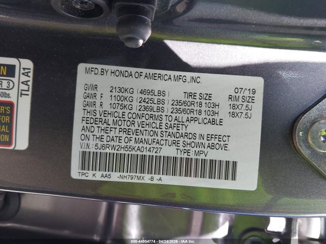 44954774 :رقم المزاد ، 5J6RW2H55KA014727 vin ، 2019 Honda Cr-v Ex مزاد بيع