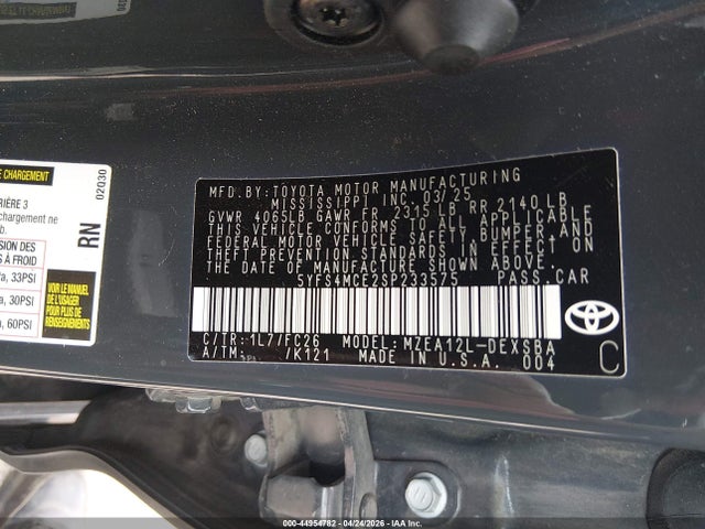 Продаж на аукціоні авто 2025 Toyota Corolla Se, vin: 5YFS4MCE2SP233575, номер лоту: 44954782