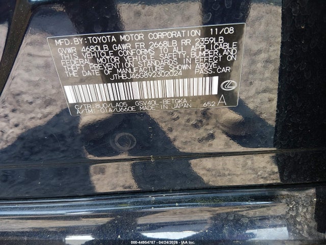Aukcja sprzedaży 2009 Lexus Es 350, vin: JTHBJ46G892302024, numer aukcji: 44954787
