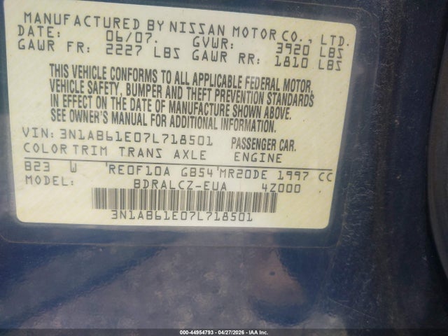 2007 Nissan Sentra 2.0 მანქანა იყიდება აუქციონზე, vin: 3N1AB61E07L718501, აუქციონის ნომერი: 44954793