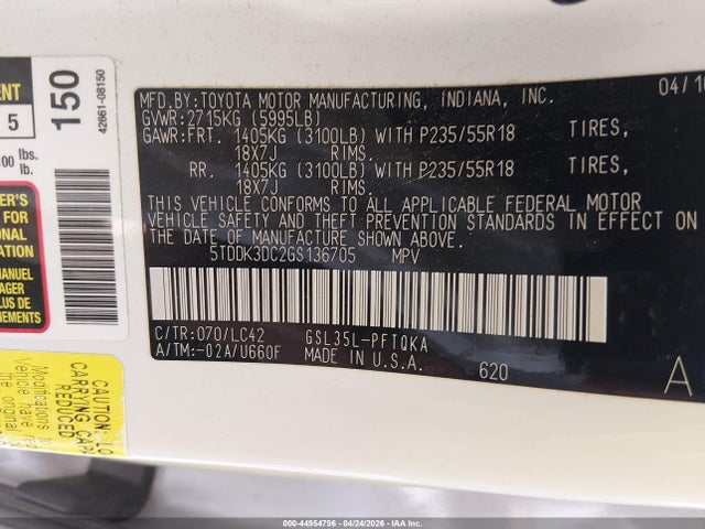 Продаж на аукціоні авто 2016 Toyota Sienna Xle 7 Passenger, vin: 5TDDK3DC2GS136705, номер лоту: 44954796