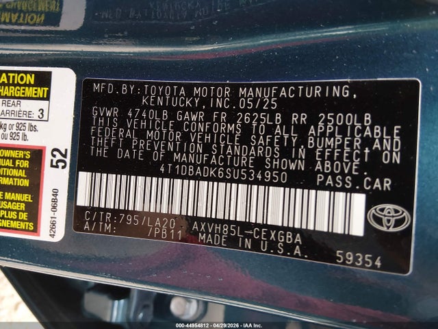 Aukcja sprzedaży 2025 Toyota Camry Xle, vin: 4T1DBADK6SU534950, numer aukcji: 44954812