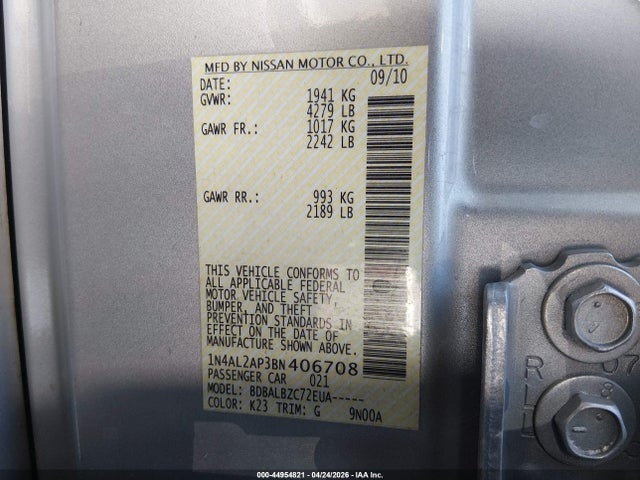 2011 Nissan Altima 2.5 S მანქანა იყიდება აუქციონზე, vin: 1N4AL2AP3BN406708, აუქციონის ნომერი: 44954821