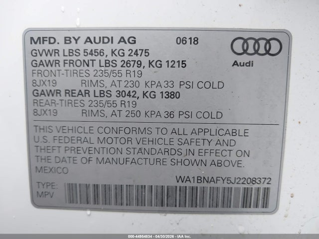 Aukcja sprzedaży 2018 Audi Q5, vin: WA1BNAFY5J2208372, numer aukcji: 44954834