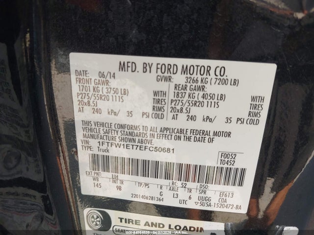 2014 Ford F-150 Platinum მანქანა იყიდება აუქციონზე, vin: 1FTFW1ET7EFC50681, აუქციონის ნომერი: 44954835