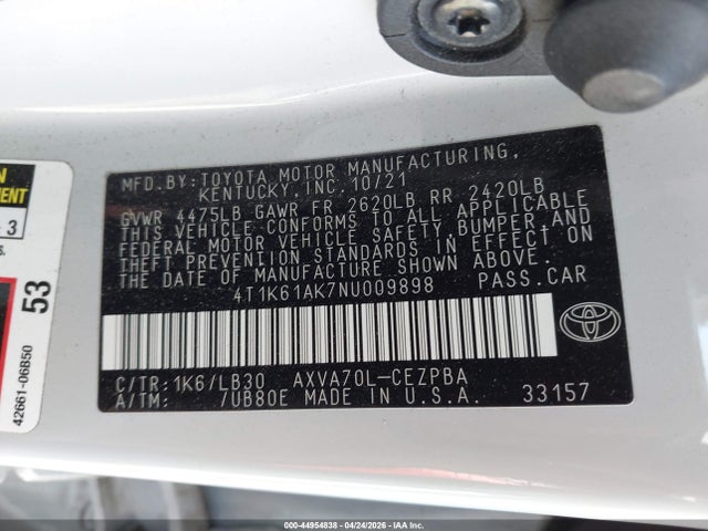 44954838 :رقم المزاد ، 4T1K61AK7NU009898 vin ، 2022 Toyota Camry Xse مزاد بيع