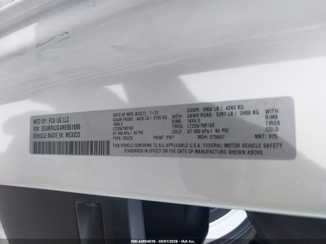 Продаж на аукціоні авто 2021 Ram Promaster 3500 Cargo Van High Roof 159 Wb Ext, vin: 3C6MRVJG4ME561886, номер лоту: 44954839