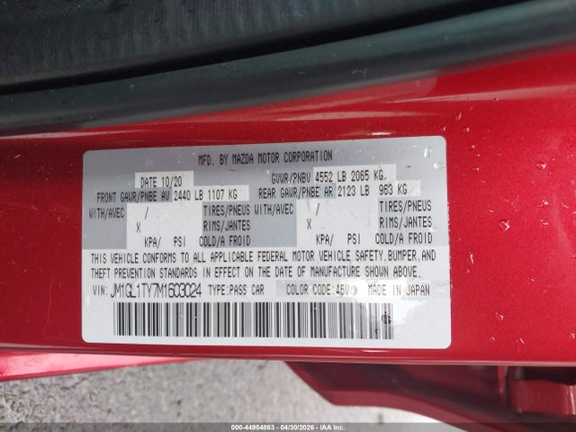 Продаж на аукціоні авто 2021 Mazda Mazda6 Grand Touring, vin: JM1GL1TY7M1603024, номер лоту: 44954863