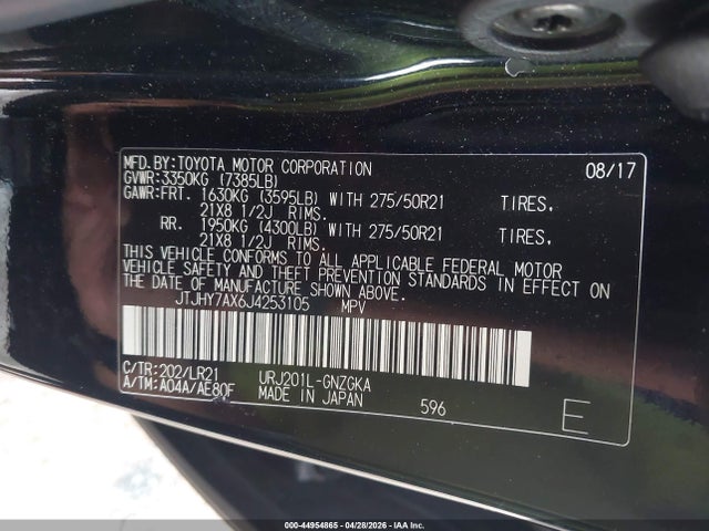 44954865 :رقم المزاد ، JTJHY7AX6J4253105 vin ، 2018 Lexus Lx 570 Three-row مزاد بيع