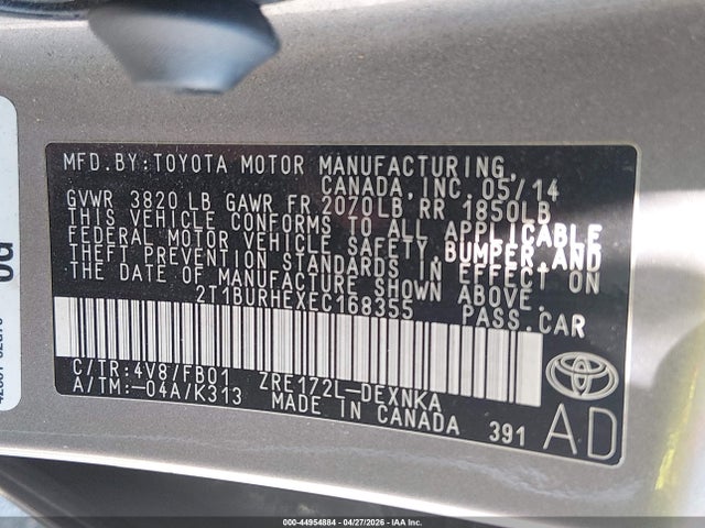 Aukcja sprzedaży 2014 Toyota Corolla Le, vin: 2T1BURHEXEC168355, numer aukcji: 44954884
