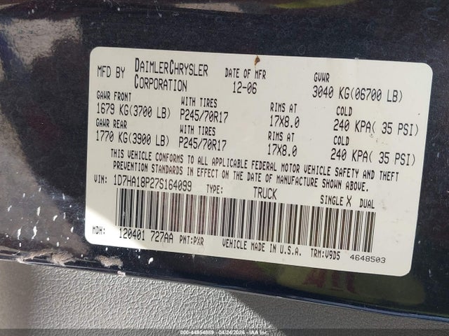 2007 Dodge Ram 1500 Slt მანქანა იყიდება აუქციონზე, vin: 1D7HA18P27S164099, აუქციონის ნომერი: 44954889