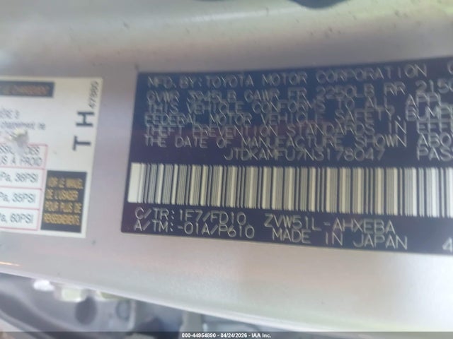 Aukcja sprzedaży 2022 Toyota Prius Le, vin: JTDKAMFU7N3178047, numer aukcji: 44954890
