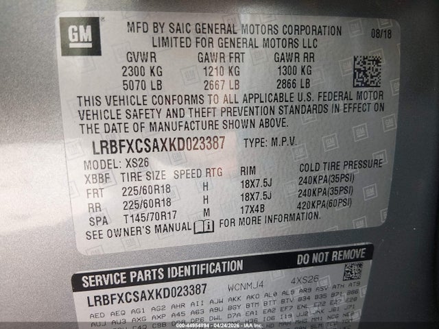 Aukcja sprzedaży 2019 Buick Envision Fwd Essence, vin: LRBFXCSAXKD023387, numer aukcji: 44954894