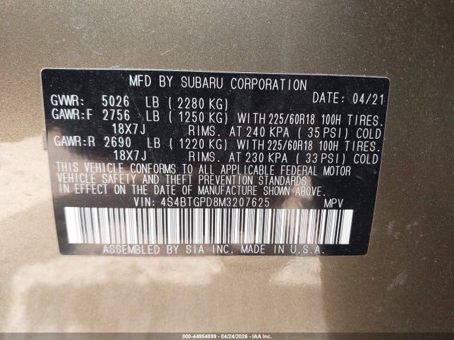 Aukcja sprzedaży 2021 Subaru Outback Touring Xt, vin: 4S4BTGPD8M3207625, numer aukcji: 44954899