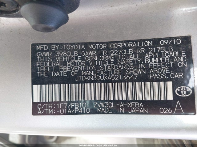 44954906 :رقم المزاد ، JTDKN3DUXA5213647 vin ، 2010 Toyota Prius Ii مزاد بيع