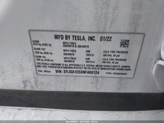 2022 Tesla Model S Dual Motor All-wheel Drive მანქანა იყიდება აუქციონზე, vin: 5YJSA1E53NF469124, აუქციონის ნომერი: 44954947