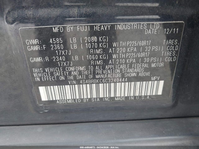 44954973 :رقم المزاد ، 4S4BRBKC6C3240444 vin ، 2012 Subaru Outback 2.5i Limited مزاد بيع