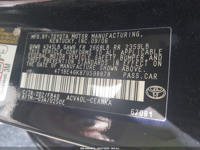 2007 Toyota Camry Le მანქანა იყიდება აუქციონზე, vin: 4T1BE46K87U598878, აუქციონის ნომერი: 44954974