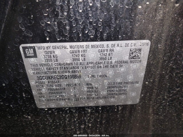 44954985 :رقم المزاد ، 3GCUKREC2GG190859 vin ، 2016 Chevrolet Silverado 1500 2lt مزاد بيع
