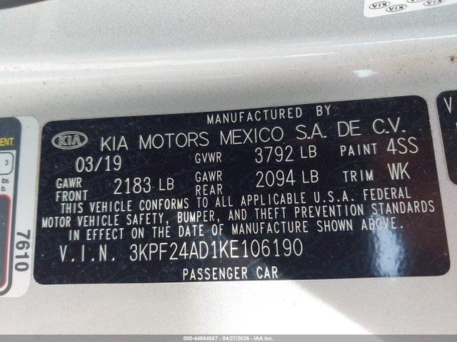 Aukcja sprzedaży 2019 Kia Forte Lxs, vin: 3KPF24AD1KE106190, numer aukcji: 44954987