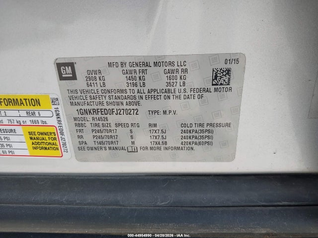 Продаж на аукціоні авто 2015 Chevrolet Traverse Ls, vin: 1GNKRFED0FJ270272, номер лоту: 44954990