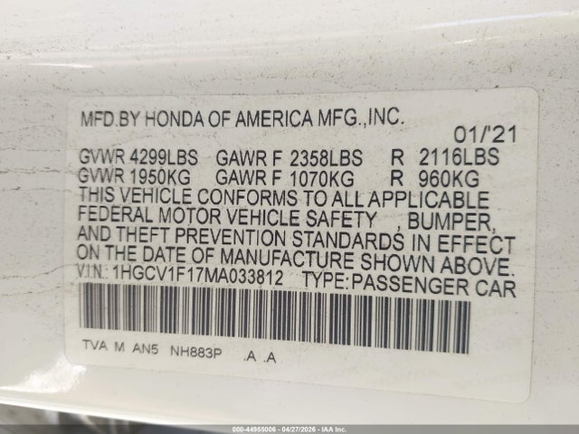 1HGCV1F17MA033812 Honda ACCORD LX
