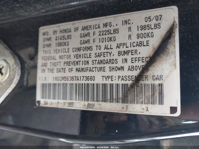 44955008 :رقم المزاد ، 1HGCM56387A173660 vin ، 2007 Honda Accord 2.4 Se مزاد بيع
