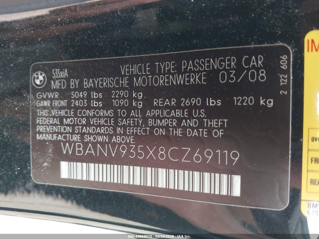 2008 Bmw 535xi მანქანა იყიდება აუქციონზე, vin: WBANV935X8CZ69119, აუქციონის ნომერი: 44955010
