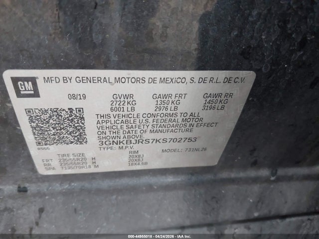 44955018 :رقم المزاد ، 3GNKBJRS7KS702753 vin ، 2019 Chevrolet Blazer Rs مزاد بيع